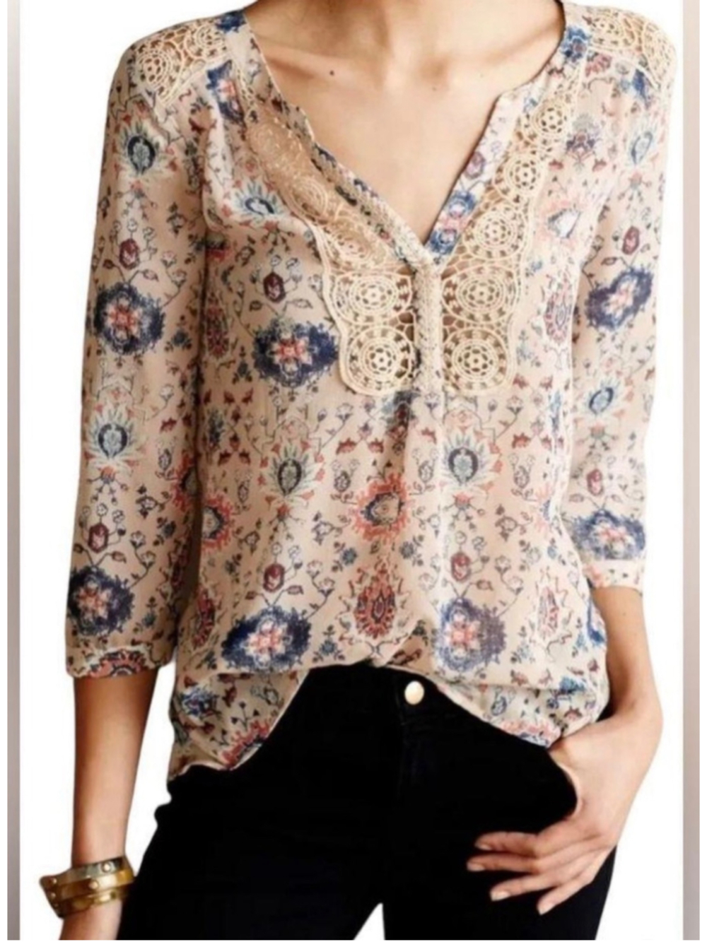 Maeve Blouse Top Size 2 XS Beige Floral Lace Trim Boho Peasant